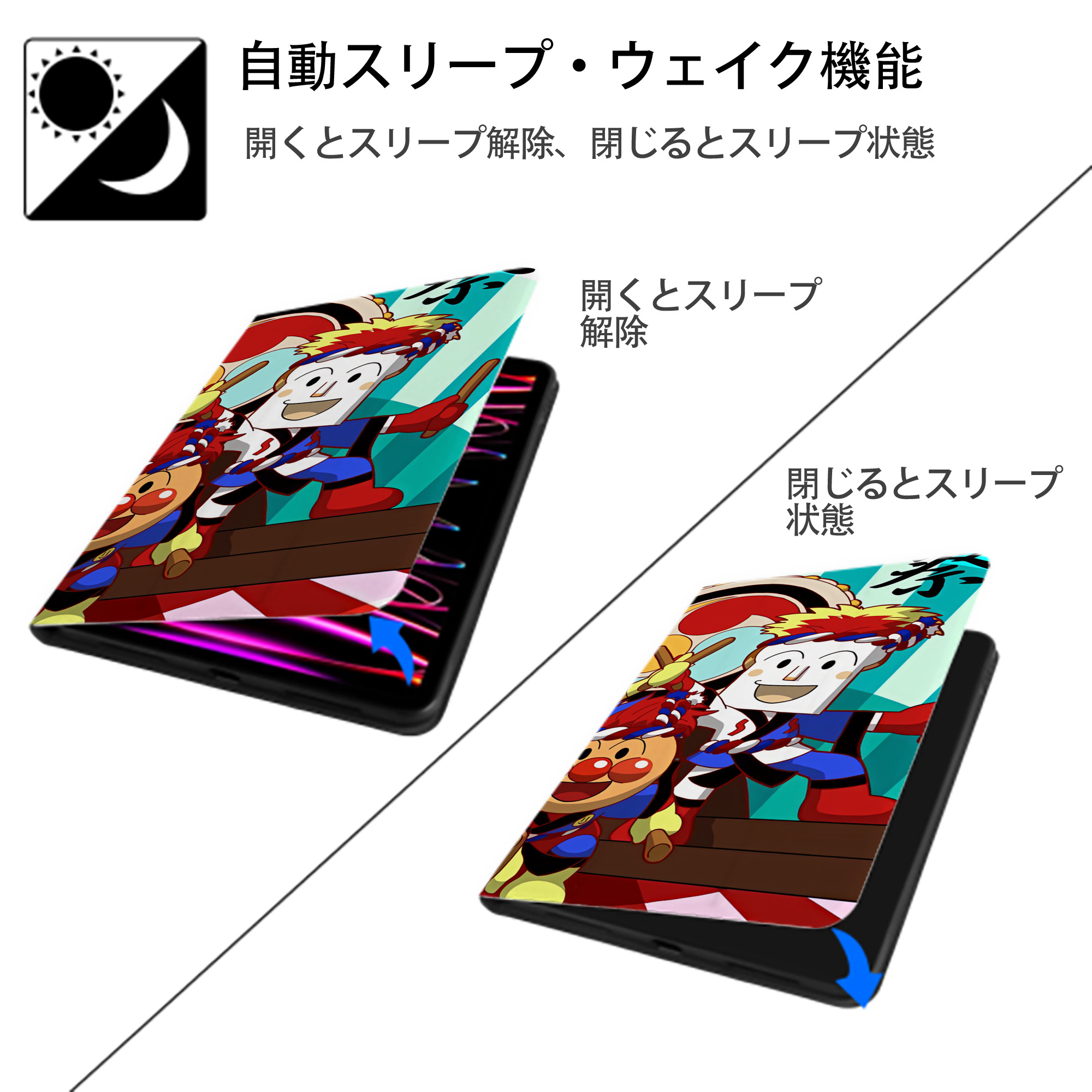 アンパンマン Anpanman IPad ケース ブック型 PUレザー TPU 耐衝撃 軽量 薄型 ペン収納なし 全面保護 IPad 各モデル対応