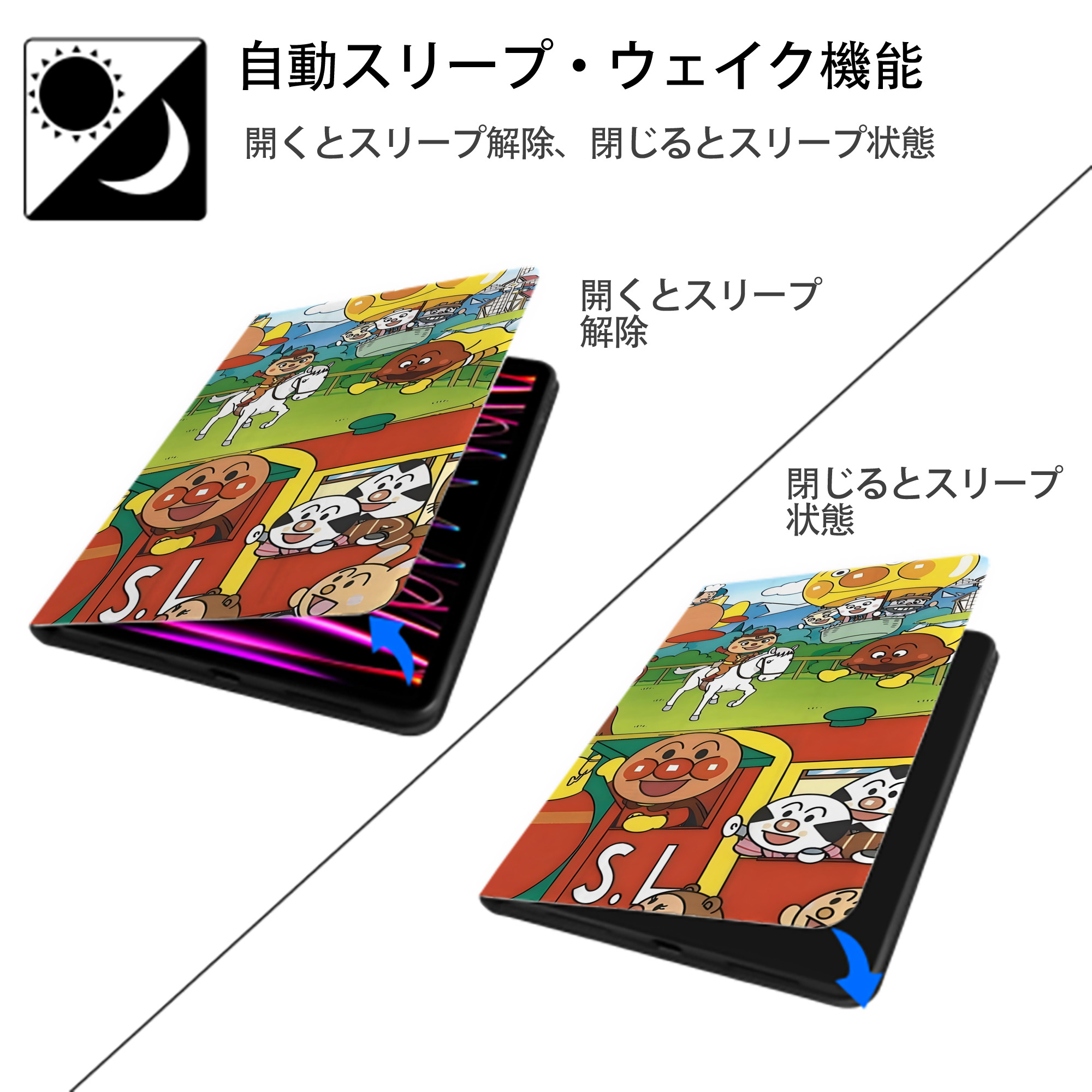 アンパンマン Anpanman IPad ケース ブック型 PUレザー TPU 耐衝撃 軽量 薄型 ペン収納なし 全面保護 IPad 各モデル対応