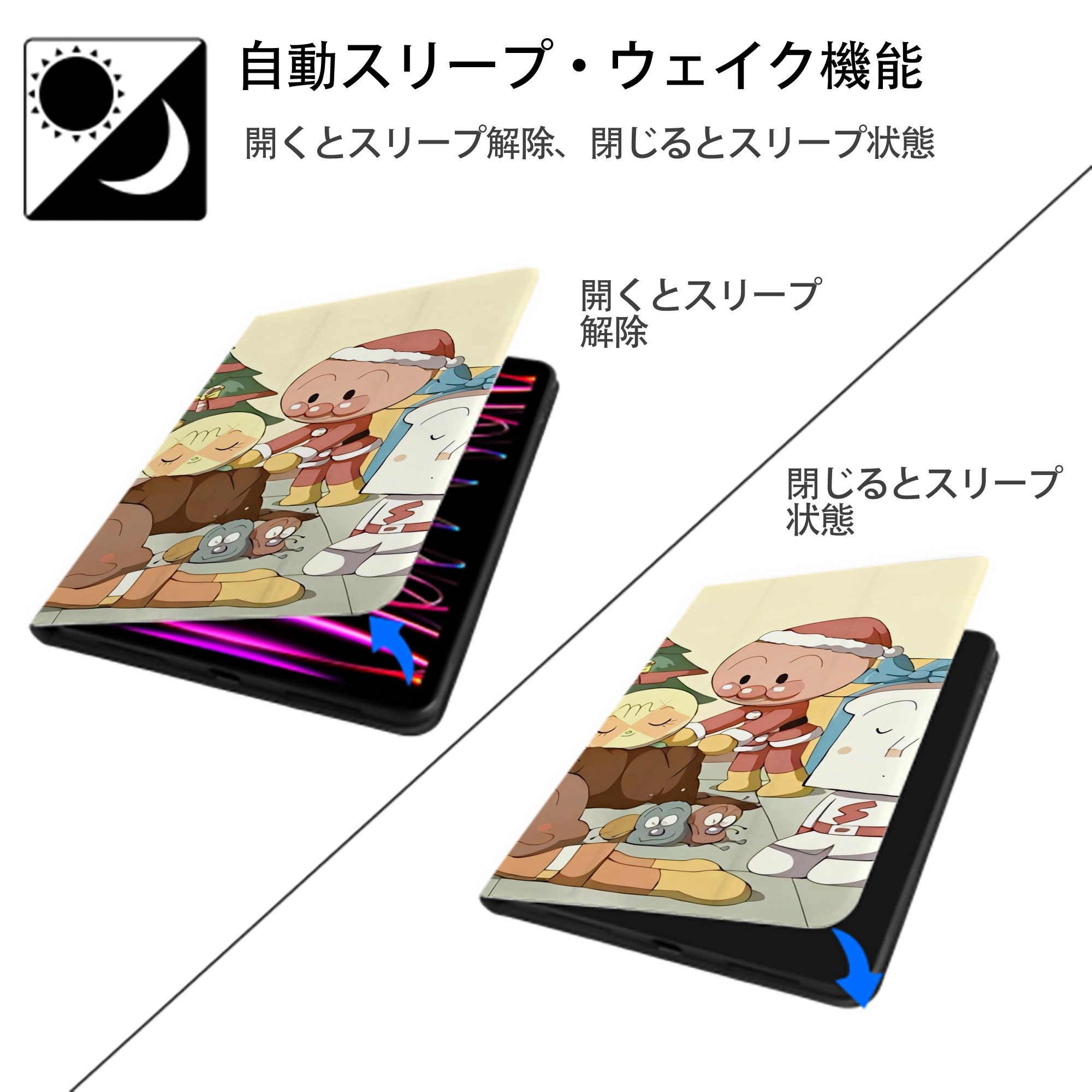 アンパンマン Anpanman IPad ケース ブック型 PUレザー TPU 耐衝撃 軽量 薄型 ペン収納なし 全面保護 IPad 各モデル対応