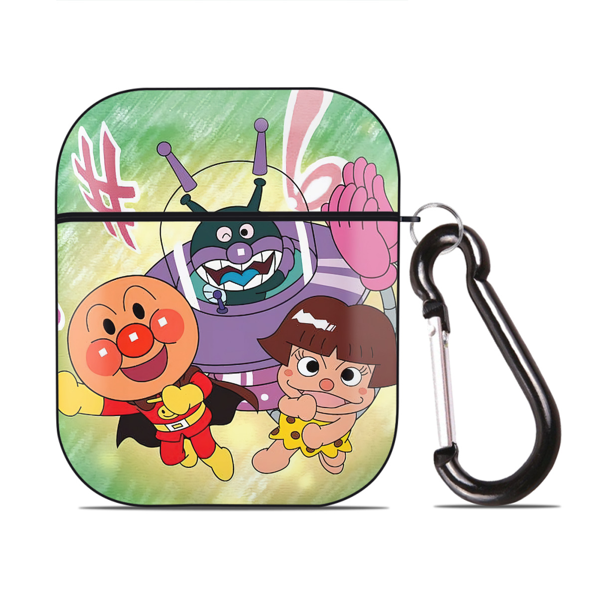 （画像用） アンパンマン Anpanman AirPods 第2世代保護ケース ハードシェル ブラック 耐衝撃・防指紋・カラビナ付き
