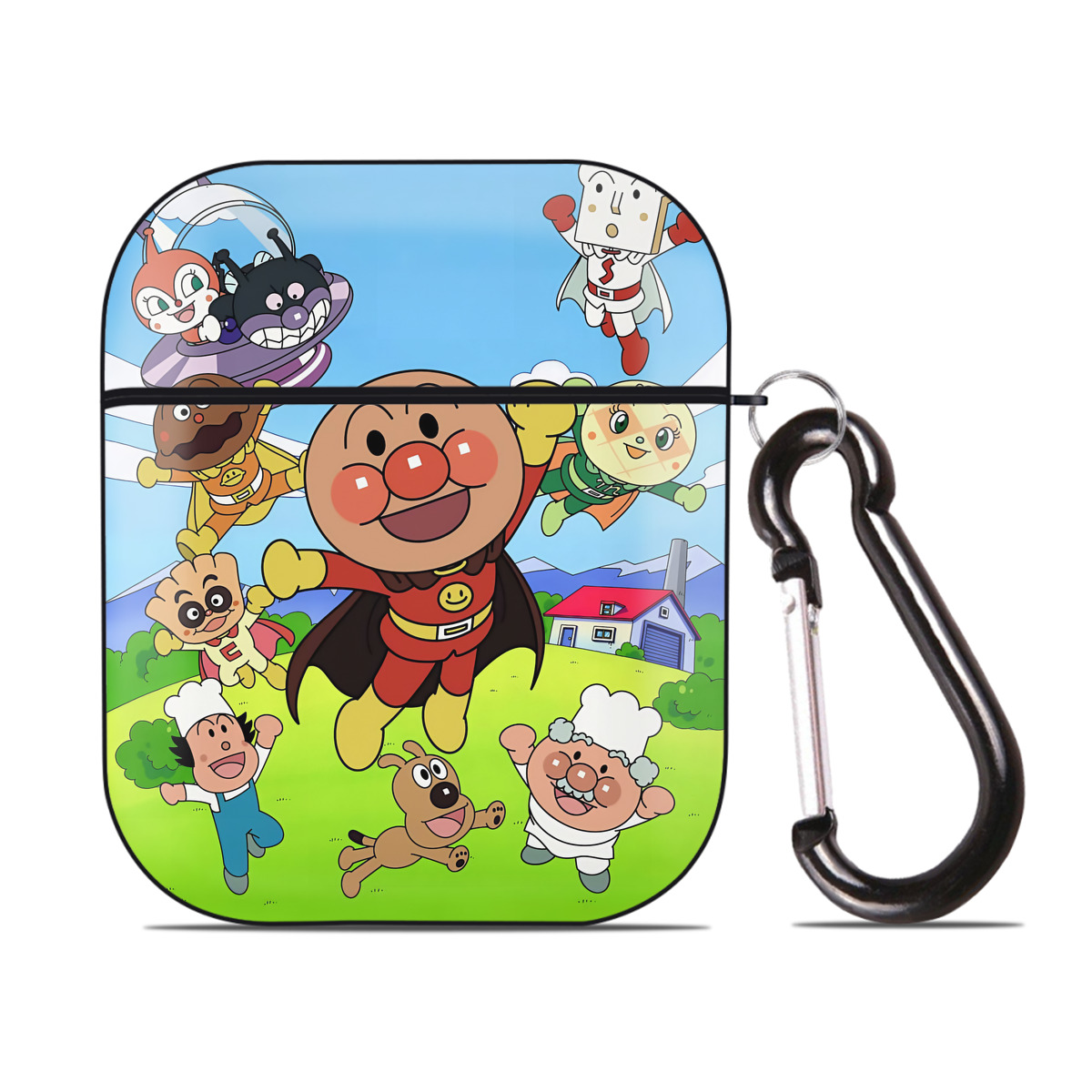 （画像用） アンパンマン Anpanman AirPods 第2世代保護ケース ハードシェル ブラック 耐衝撃・防指紋・カラビナ付き