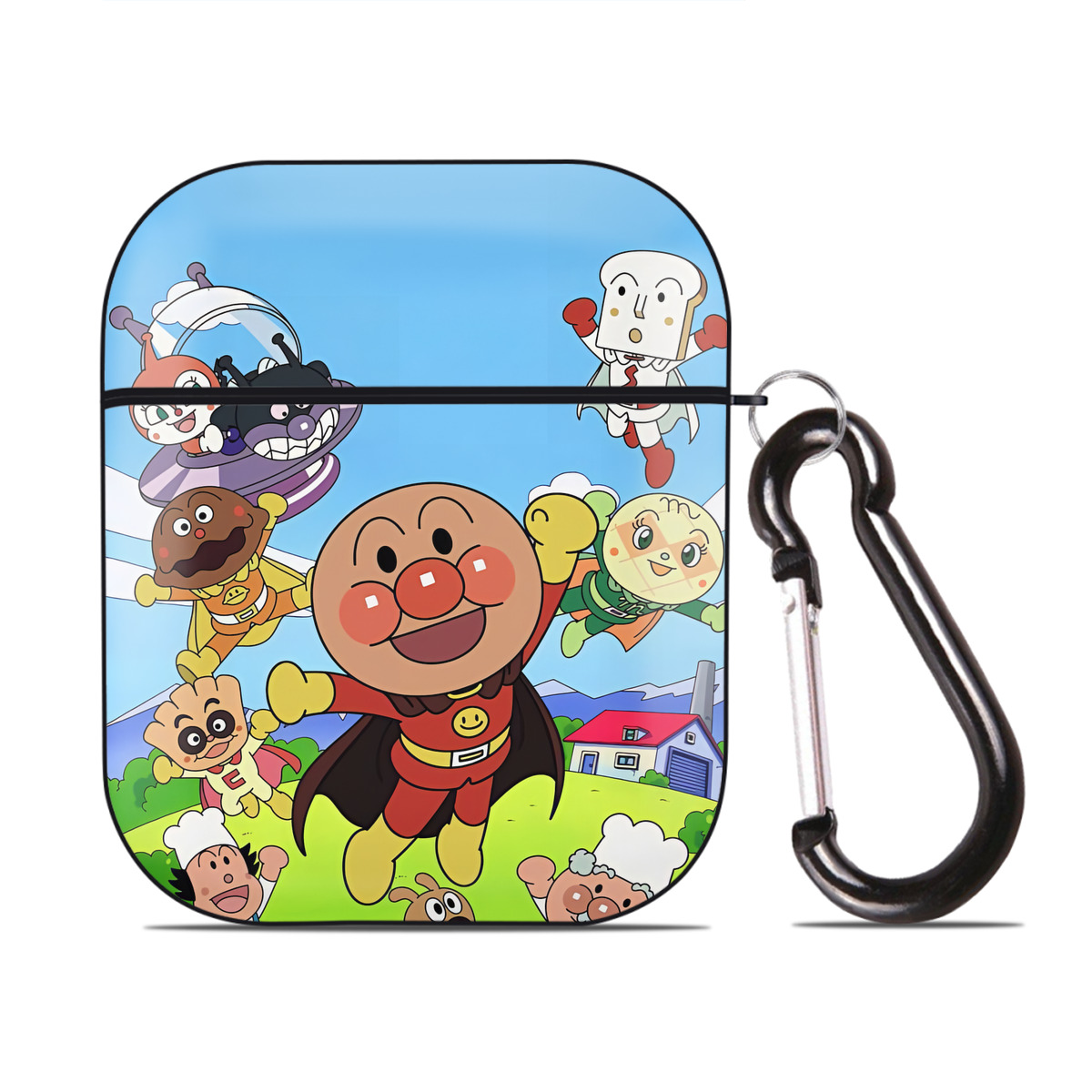 （画像用） アンパンマン Anpanman AirPods 第2世代保護ケース ハードシェル ブラック 耐衝撃・防指紋・カラビナ付き
