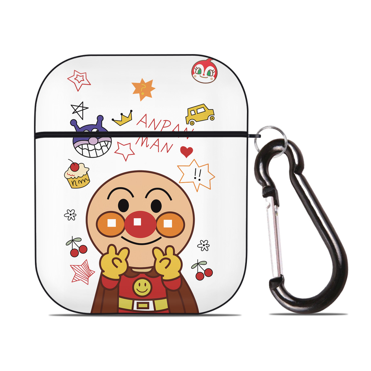 （画像用） アンパンマン Anpanman AirPods 第2世代保護ケース ハードシェル ブラック 耐衝撃・防指紋・カラビナ付き