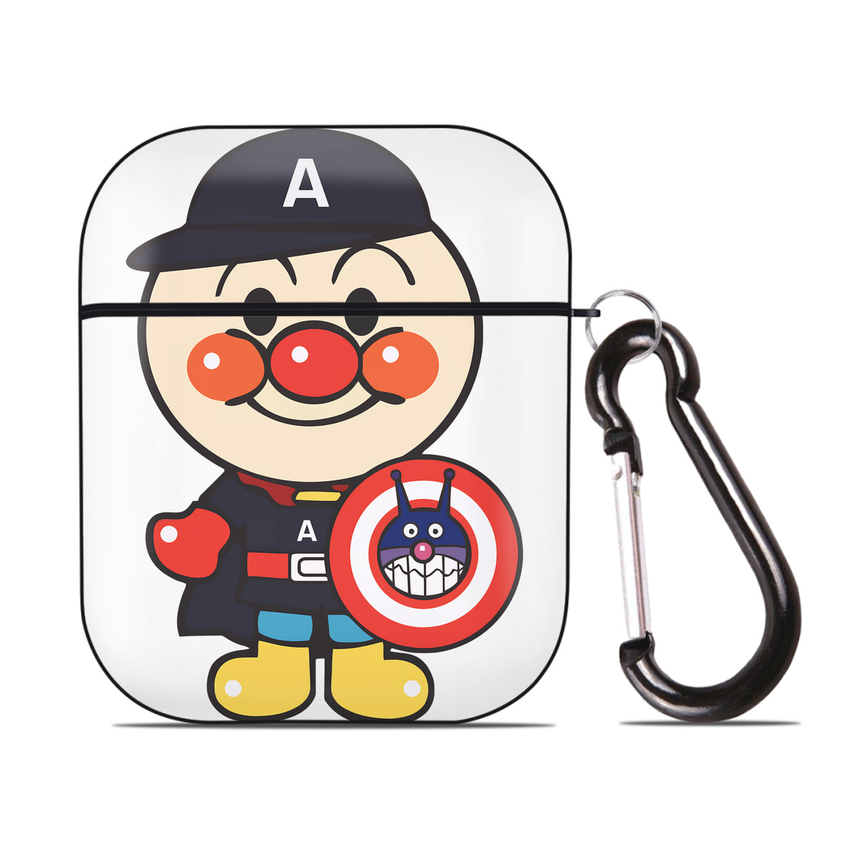 （画像用） アンパンマン Anpanman AirPods 第2世代保護ケース ハードシェル ブラック 耐衝撃・防指紋・カラビナ付き